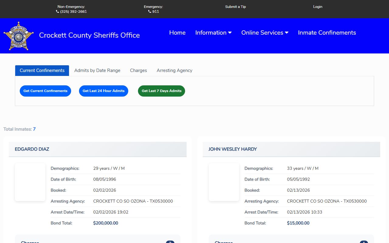 Crockett County inmate population booking search endpoint
